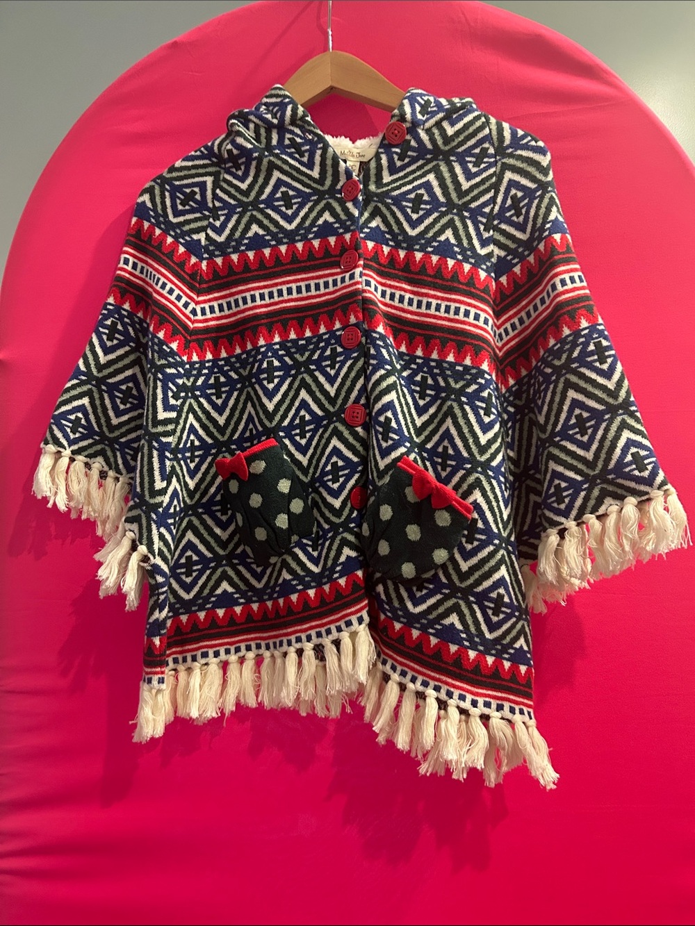 Matilda Jane Navy, Red & Cream Hooded Poncho with Fringe